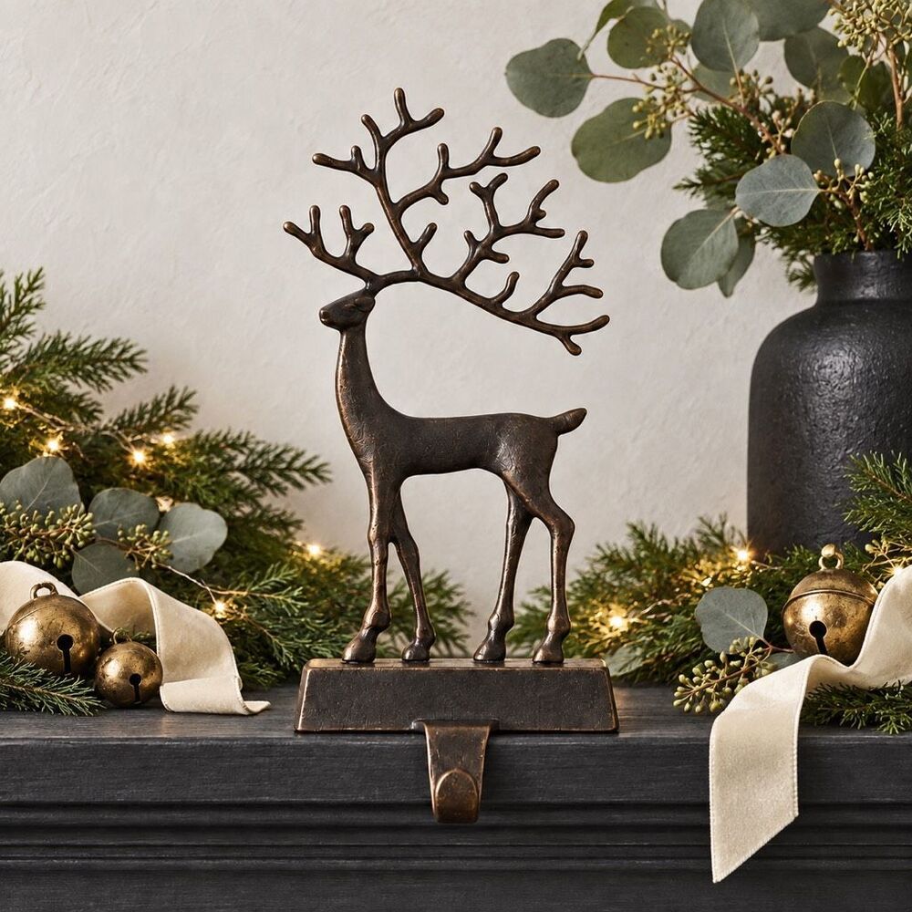 NIB Pottery Barn Santa's Reindeer Stocking Holder bronze